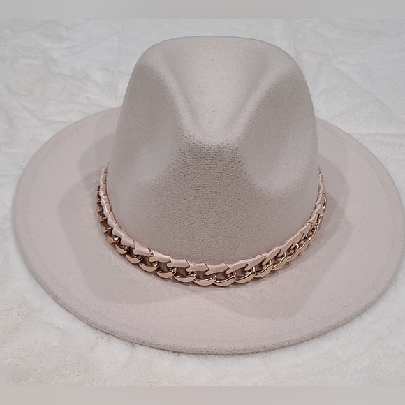 Wool Blend Felt Hat with Ribbon Chain Band. Women; Color is bone - Picture 4 of 6